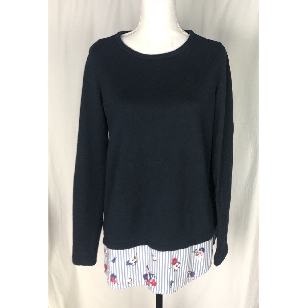 J.Jill Sweater Women's Size S Blue Pullover‎ Cotton Floral Hem Long Sleeve